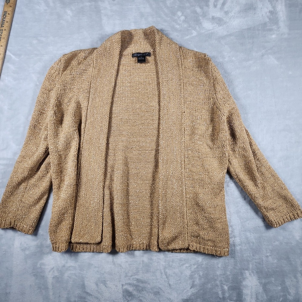 August Silk Neutral Tan Brown Open Front Knit Cardigan Sweater Large L Sparkle